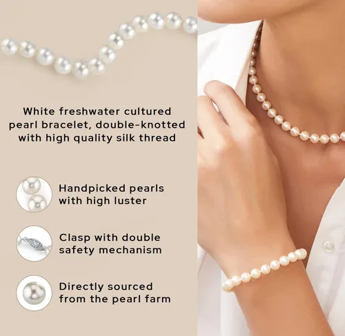 Vista 5 de The Pearl Source Pulsera de perlas blancas de agua dulce para mujer, pulsera de perlas cultivadas con cierre chapado en oro de 14 quilates