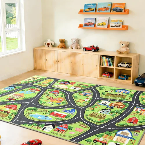 Vista 17 de Alfombras de juego de autos para niños, 36 x 60 pulgadas, tapete de juego de mapa de ruta urbano para jugar con autos, camiones, tapete de juego