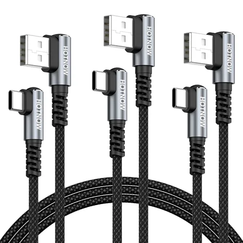 Vista 10 de Cable USB C corto de ángulo recto de 0.5 pies, paquete de 3 cables de carga USB C de 6 pulgadas, cable de carga rápida trenzado de nailon
