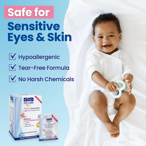 Vista 2 de Dr. Fischer Toallitas prémium para párpados para bebé, 60 unidades, prehumedecidas, hipoalergénicas, no irritantes, sin enjuague, recomendadas por