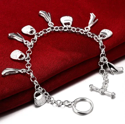 Vista 4 de Joyería de moda 925 zapatos de plata esterlina elegante bolso colgante cadena pulsera, Plata