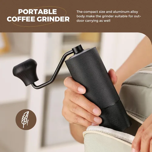 Vista 8 de Molinillo de café manual con rebaba cónica de acero inoxidable CNC, cuerpo de aluminio, mango de madera maciza, molinillo de mano ajustable portátil