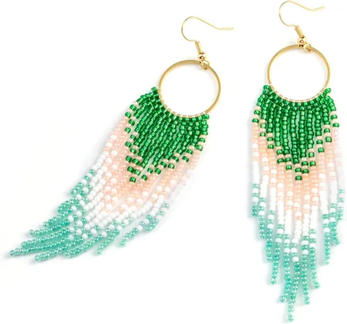 Vista 7 de Aretes de borla hechos a mano, aretes de cuentas de semillas, aretes bohemios con flecos para mujeres y niñas