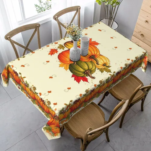 Vista 7 de Mantel de Otoño de Acción de Gracias con Hojas de Calabaza, Mantel Rectangular Lavable de Cuadros Rústicos para Decoración de Cocina y Comedor