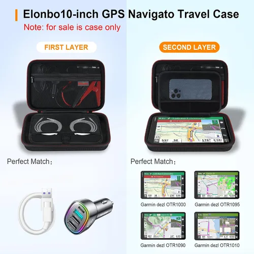Vista 2 de Elonbo Funda rígida de viaje GPS para Garmin dezl OTR1000 de 10 pulgadas, Garmin dezl OTR1010/Garmin RV 1090 Sistema de navegación GPS, bolsillo