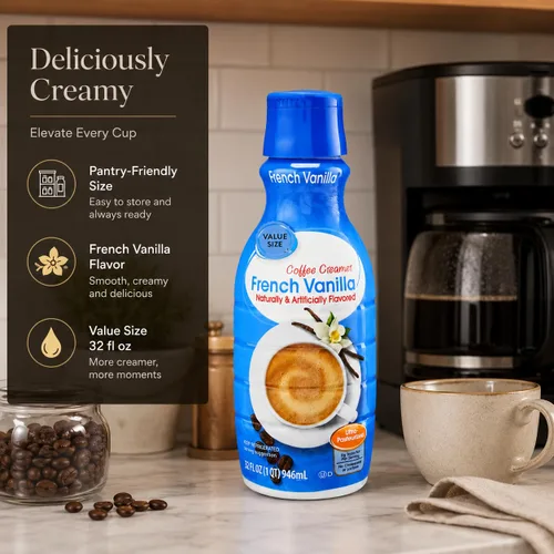 Vista 7 de Crema de café de vainilla francesa, botella de 32 onzas líquidas, crema líquida dulce y cremosa para café con cuchara de gemas de café D.A.