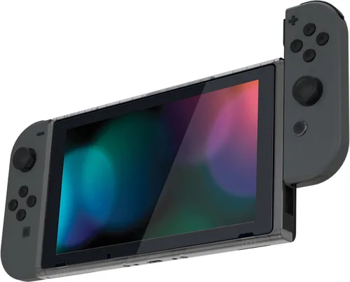 Vista 3 de eXtremeRate Carcasa negra transparente para consola Nintendo Switch, marco frontal de repuesto para consola Nintendo Switch con botones de encendido