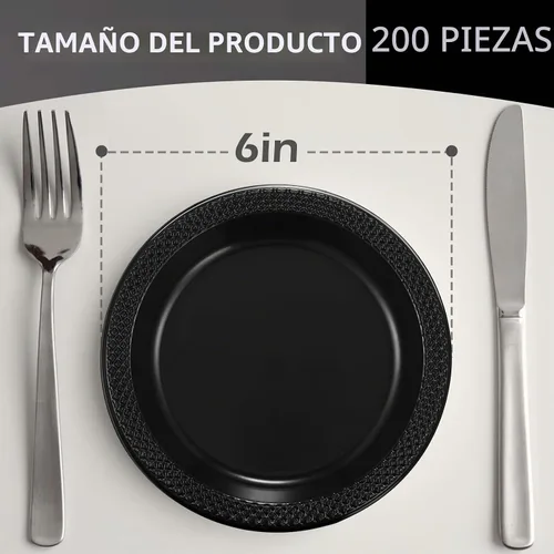 Vista 2 de Mimorou 200 platos de postre de plástico de 6 pulgadas, desechables, redondos, a granel, para boda, cumpleaños, picnic, ensalada, aperitivo Negro