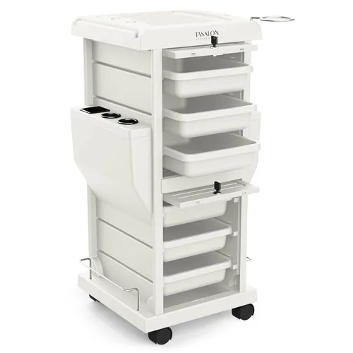 Vista 8 de Carrito de salón profesional TASALON, con 6 bandejas y 2 soportes con cerradura, almacenamiento móvil que ahorra espacio para salón de cabello
