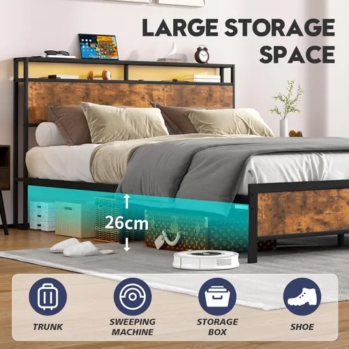 Vista 6 de Base de cama Queen con luces LED, cabecera de almacenamiento industrial con estación de carga y puerto USB, marco de cama industrial moderno