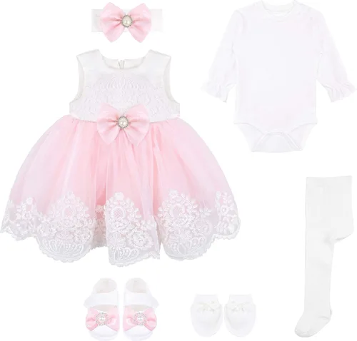 Vista 2 de Taffy - Vestido de princesa bordado para recién nacido, 6 piezas, color rosa, Rosado