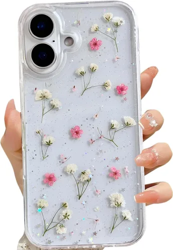 Vista 31 de LSEEKA Funda transparente para iPhone 11 con diseño de flores prensadas reales, linda y brillante, patrón floral rosa, funda protectora delgada
