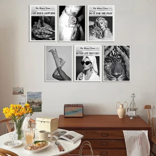 Vista 5 de Juego de 6 láminas de arte de pared feminista en blanco y negro – Impresiones elegantes estilo academia, preppy, glam, retro al estilo de periódico