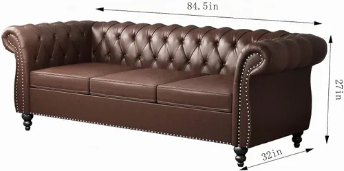 Vista 8 de Sofá moderno de 3 plazas, muebles de sofá grande, con brazo enrollable, sofá Chesterfield clásico copetudo de cuero con respaldo de asiento copetudo