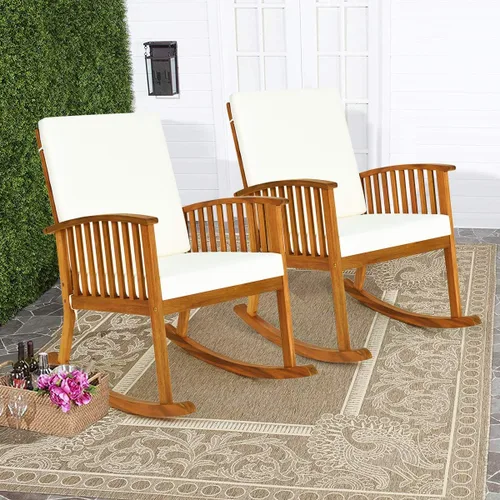Vista 2 de Tangkula 2 mecedoras de madera de acacia para exteriores, mecedora de madera con cojines lavables desmontables, balancín para porche, jardín, patio