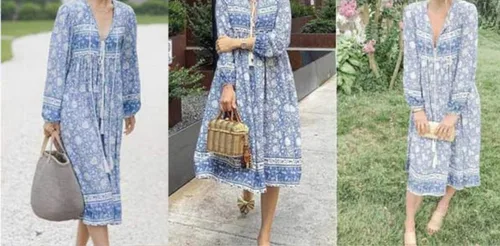 Vista 5 de R.Vivimos - Vestidos por debajo de la rodilla de estilo bohemio para mujer, vestido de manga larga, con estampado floral retro y cuello en V