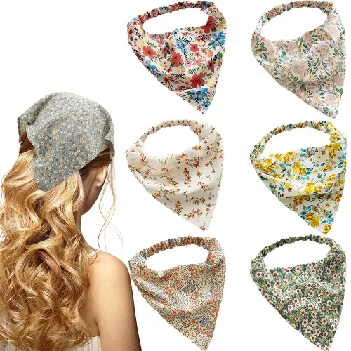 Vista 18 de Pañuelo elástico para el cabello, bandanas para el cabello, bufanda de lunares para mujeres y niñas (flor de satén retro)