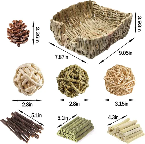 Vista 7 de Hamiledyi Cama de hierba de conejo para conejo, 21 piezas de juguetes masticables de conejo para moler dientes, palo de bambú dulce, bola de hierba