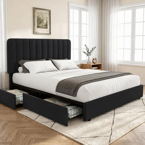 Vista 21 de VECELO Base de cama tapizada de tamaño matrimonial con 4 cajones y cabecero, plataforma de terciopelo, soporte de listones de madera, no necesita