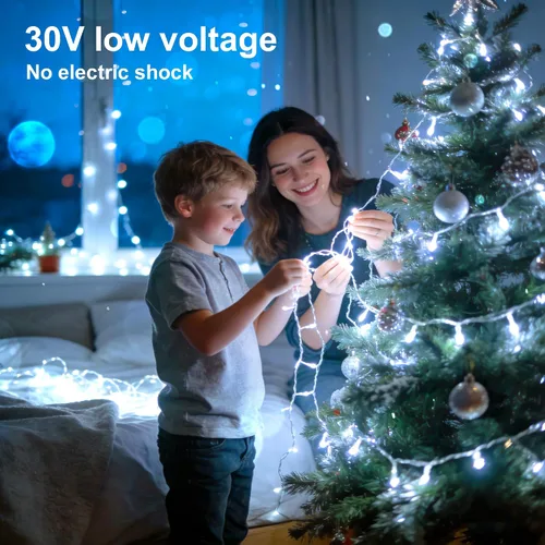 Vista 12 de Cadena de 200 luces LED de 98 pies, impermeables con 8 modos con memoria, fuente de alimentación certificada por UL de 30 V para el hogar, jardín