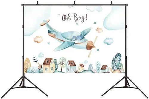 Vista 2 de Telón de fondo de baby shower con texto en inglés "Oh Boy", decoración de fiesta de cumpleaños para niños, fondo de avión, para recién nacidos