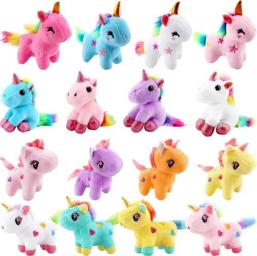 Vista 8 de Paquete de 16 mini juguetes de unicornio de peluche, pequeño unicornio de peluche, lindo llavero de peluche, juguetes a granel para Navidad