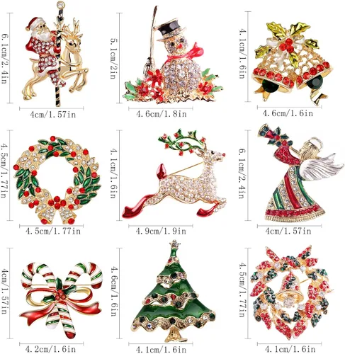 Vista 2 de Juego de broches de Navidad de 9 piezas con adornos de Navidad de cristal de diamantes de imitación, Acero inoxidable, amazonita