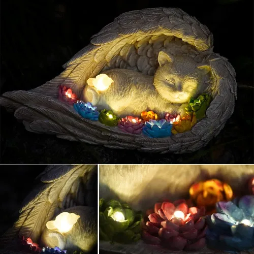 Vista 4 de Piedra conmemorativa para gatos, estatuilla solar de ángel para gatos - Piedra conmemorativa para mascotas para jardín o lápida conmemorativa (gato)