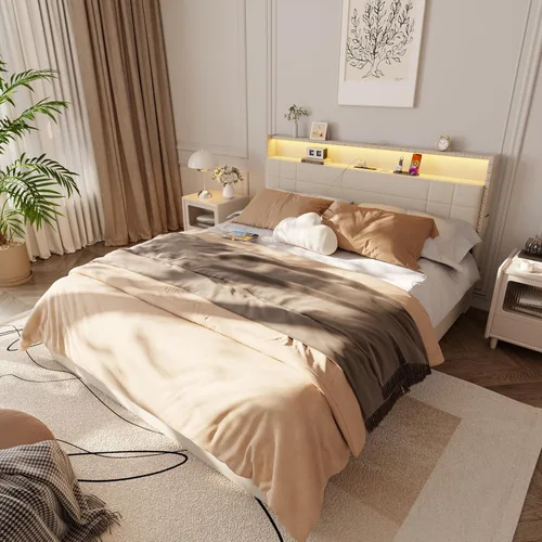 Vista 3 de Forestell Base de cama Queen con 4 cajones y cabecera de almacenamiento, base de cama tapizada tamaño Queen con luces LED y estación de carga Beige