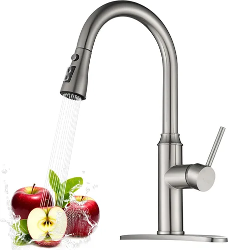 Vista 12 de Grifo de cocina dorado con rociador, grifo de fregadero de cocina de una sola manija con rociador extraíble, bronce champán, Arofa Pull down, 360°