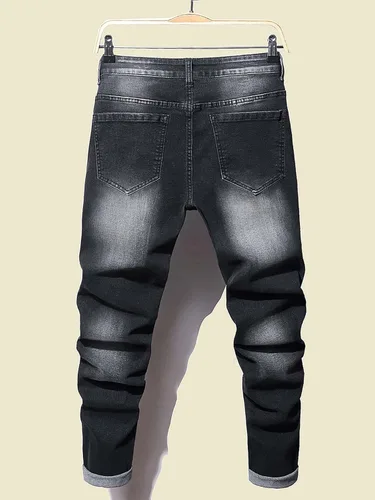 Vista 2 de AYBAY Jeans para hombre Jeans rasgados con letras gráficas Jeans para hombre (Color negro, Talla 30)