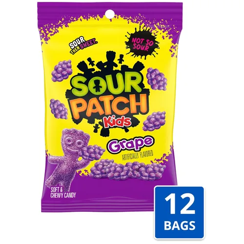 Vista 4 de SOUR PATCH KIDS Caramelos gomosos suaves y masticables de uva, caramelos a granel, bolsas de 12-8.02 onzas