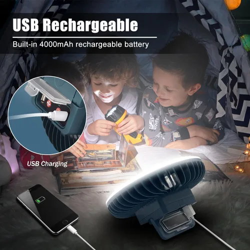 Vista 4 de Ventilador de camping portátil con linterna LED, recargable por USB, impermeable, ventilador de tienda de campaña con gancho para colgar, kits
