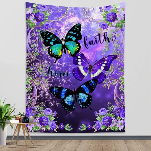 Vista 17 de LB Tapiz pequeño de mariposa colorido para colgar en la pared, diseño psicodélico de flores silvestres 3D, mariposas de fantasía floral, arte