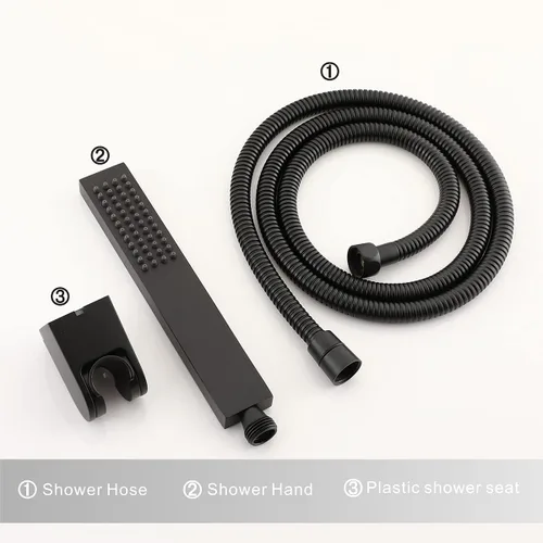 Vista 6 de Asyas Cabezal rociador de ducha de mano cuadrado de latón macizo con conector de pared ajustable, soporte de ducha y manguera, negro mate de alta
