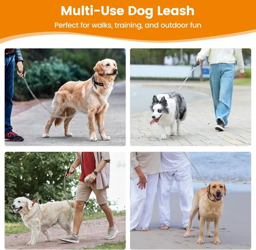Vista 15 de PETTOM Correa de cadena de metal para perros, cuerda de acero resistente a prueba de mordidas con mango acolchado para perros medianos y grandes