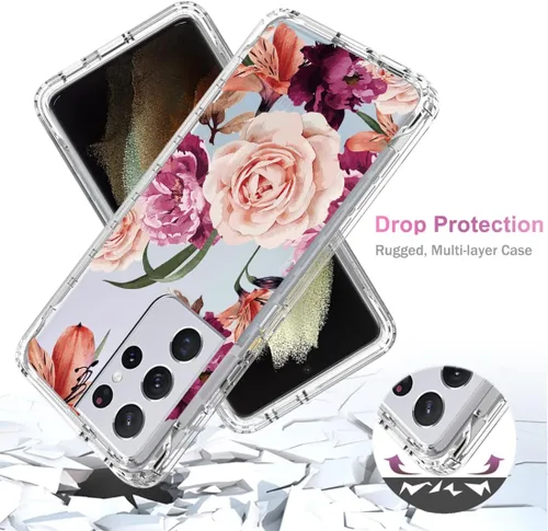 Vista 7 de Funda para Galaxy S21 Ultra 5G, SM-G998U con protector de pantalla de vidrio templado, cuerpo completo transparente con protección floral