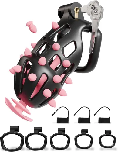 Vista 20 de Cobra Chastity Cage for Men, Invisible Lock, 5 Ball Rings (Pink, XS) Spiked cobra design, lightweight 3D printed open structure, breathable