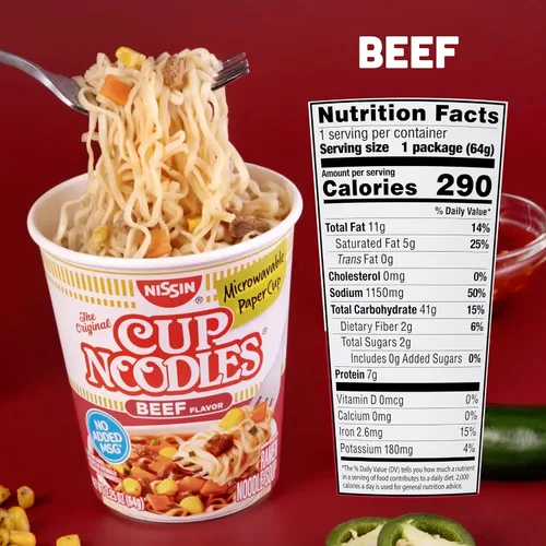 Vista 2 de Nissin Cup Noodles Sopa, Sabor a Carne de Res, Vasos de Papel Aptos para Microondas, Ramen Instantáneo, 2.25 Onzas (Paquete de 12)