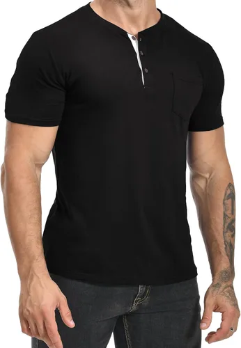 Vista 2 de MLANM Mens Fashion Henley Shirts Short Sleeve Button Cotton T-Shirt