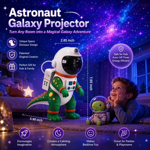 Vista 2 de Luz Nocturna de Proyección de Estrellas Galácticas, Proyector Espacial de Astronauta Dinosaurio con Temporizador, Control Remoto, 8 Modos de Verde