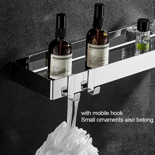Vista 4 de Wallmounted Bathroom Shelf Floating Organizer with Hooks for Toiletries & Cosmetics 2Tier Black Rectangular Storage Rack for Shower & Kitchen