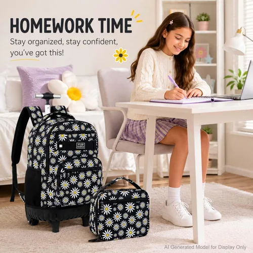 Vista 8 de Mochila con ruedas para mujeres, niñas, mochila escolar Crisantemo Negro