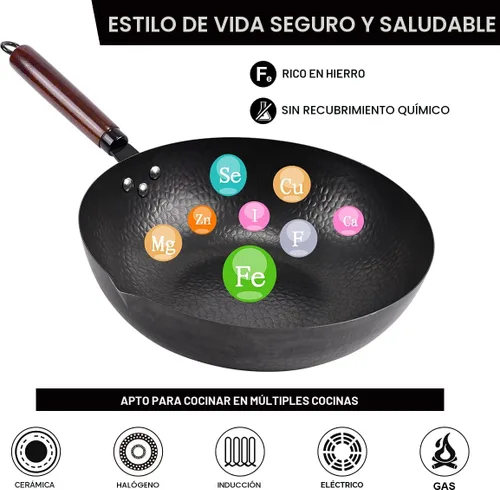 Vista 3 de Leidawn Wok de acero al carbono de 12.8 pulgadas, 11 piezas de wok y sartenes para freír con tapa, wok chino sin revestimiento químico con 10