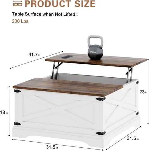 Vista 2 de BROTTAR - Mesa de centro con superficie elevable y almacenamiento, mesa cuadrada para sala de estar con puertos de carga, mesa de comedor