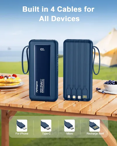Vista 3 de Cargador portátil con cables incorporados, delgado 10000mAh carga rápida 22.5W banco de energía USB C pantalla LED paquete de batería 6 salidas y 2