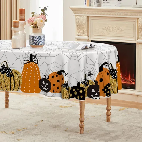 Vista 11 de Horaldaily Mantel rectangular de Halloween de 52 x 70 pulgadas, diseño de telaraña de calabaza con temática de miedo, color negro, lavable