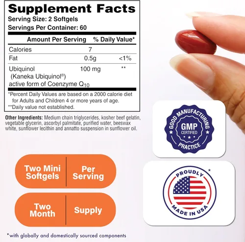 Vista 2 de Health Thru Nutrition Ubiquinol 100 mg 120 mini cápsulas blandas como Kaneka QH reducido CoQ-10 Probado por terceros Biodisponibilidad mejorada