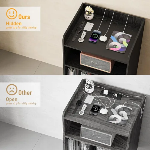 Vista 3 de Soporte para tocadiscos, plataforma giratoria con almacenamiento de discos y estación de carga y puertos USB, mesa para tocadiscos con divisor