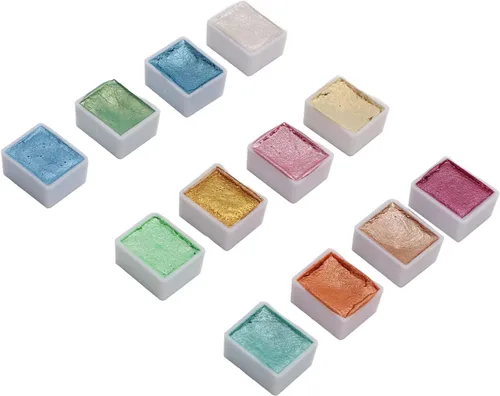 Vista 7 de Juego de pintura de acuarela, 12 colores metálicos con purpurina para acuarela, kit de pintura sólida para artistas, estudiantes, pintura
